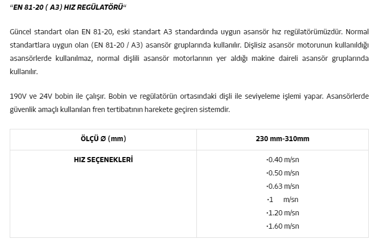 EN 81-20 ( A3) HIZ REG&Uuml;LAT&Ouml;R&Uuml; (LİMAS)