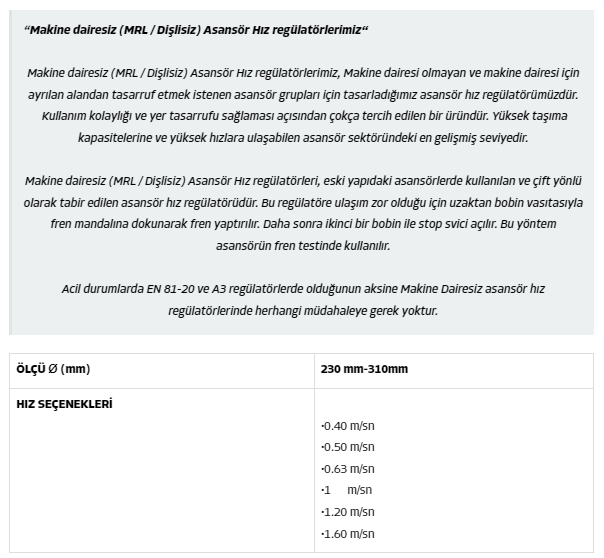 Makine dairesiz  Asans&ouml;r Hız reg&uuml;l (LİMAS)